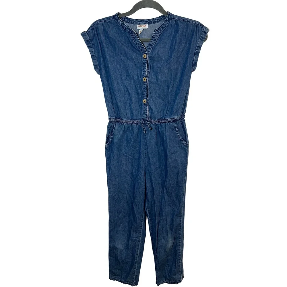Cat & Jack Jumpsuit Denim Button Front Elastic Waist Casual Blue Girls L 10/12